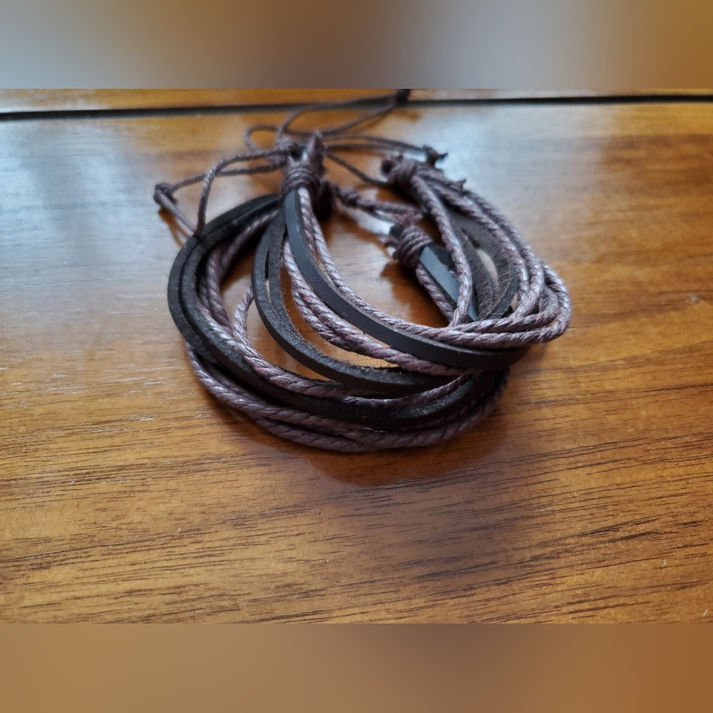 Brown Men's Layered Leather and Cord Bracelet